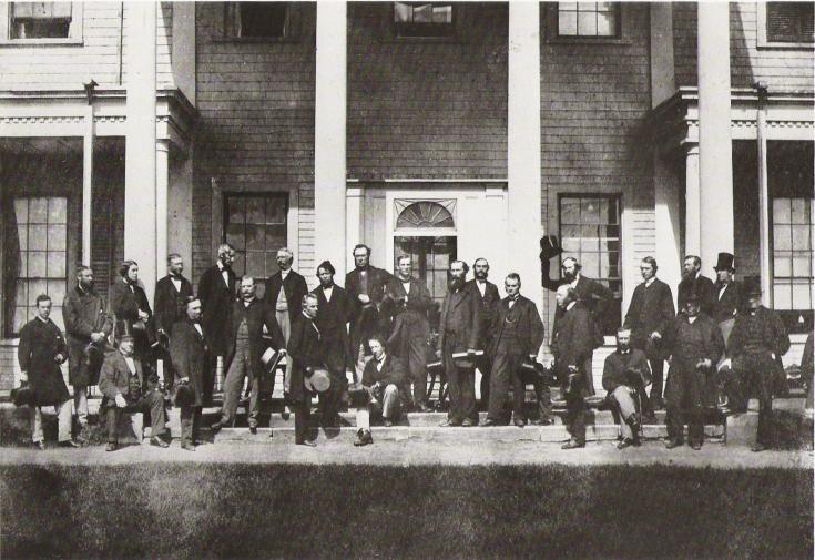 Canada's Fathers of Confederation posing on the steps of Fanningbank, the Lt. Governor's digs on the waterfront down by Victoria Park. Taken during the Charlottetown Conference in September, 1864. 