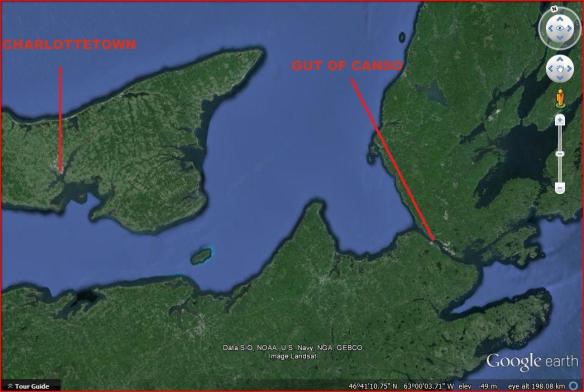 Satellite imagery showing the location of Charlottetown relative to the Gut of Canso.