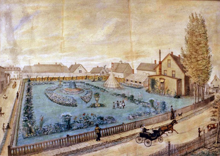 Depiction of the Holman Homestead and Gardens by George Ackermann c.1875. Acquired by the Prince Edward Island Museum and Heritage Foundation, although it has undergone extensive restoration damage is still visible. Kind thanks to Reg Porter for providing this scan.